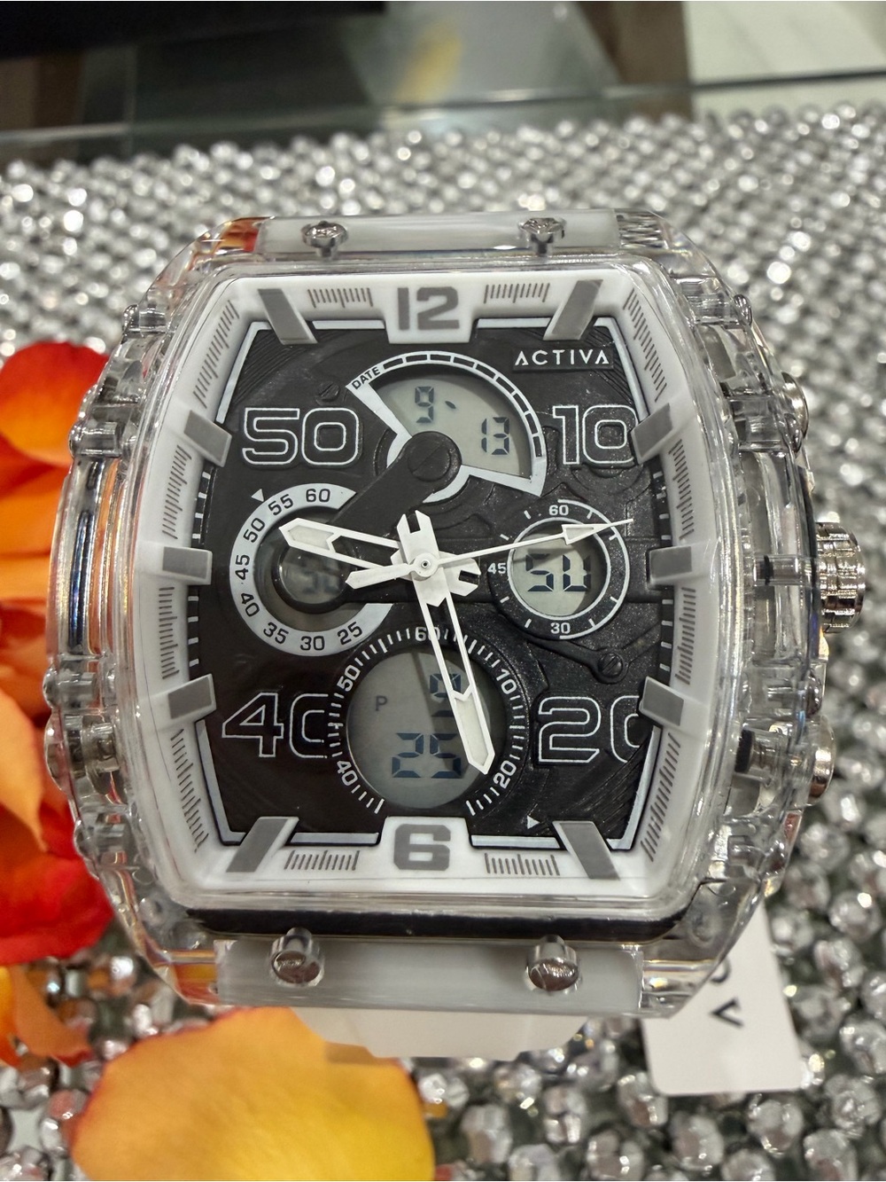 Ativa by Invicta Clear Case Black Dial Sport Watch with White Strap